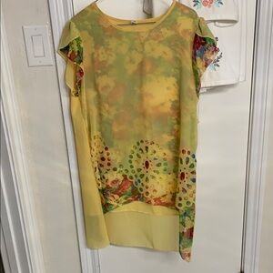 Yellow Provence Long Tunic Blouse Cap Sleeve Rounded.Collar Layered Floral XXL